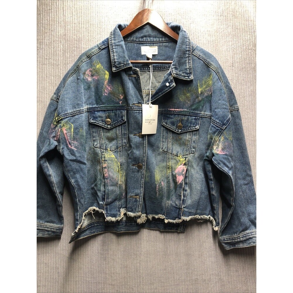 Caution To The Wind Womens Denim Jacket M NWT Paint Splatter Raw Hem Oversized